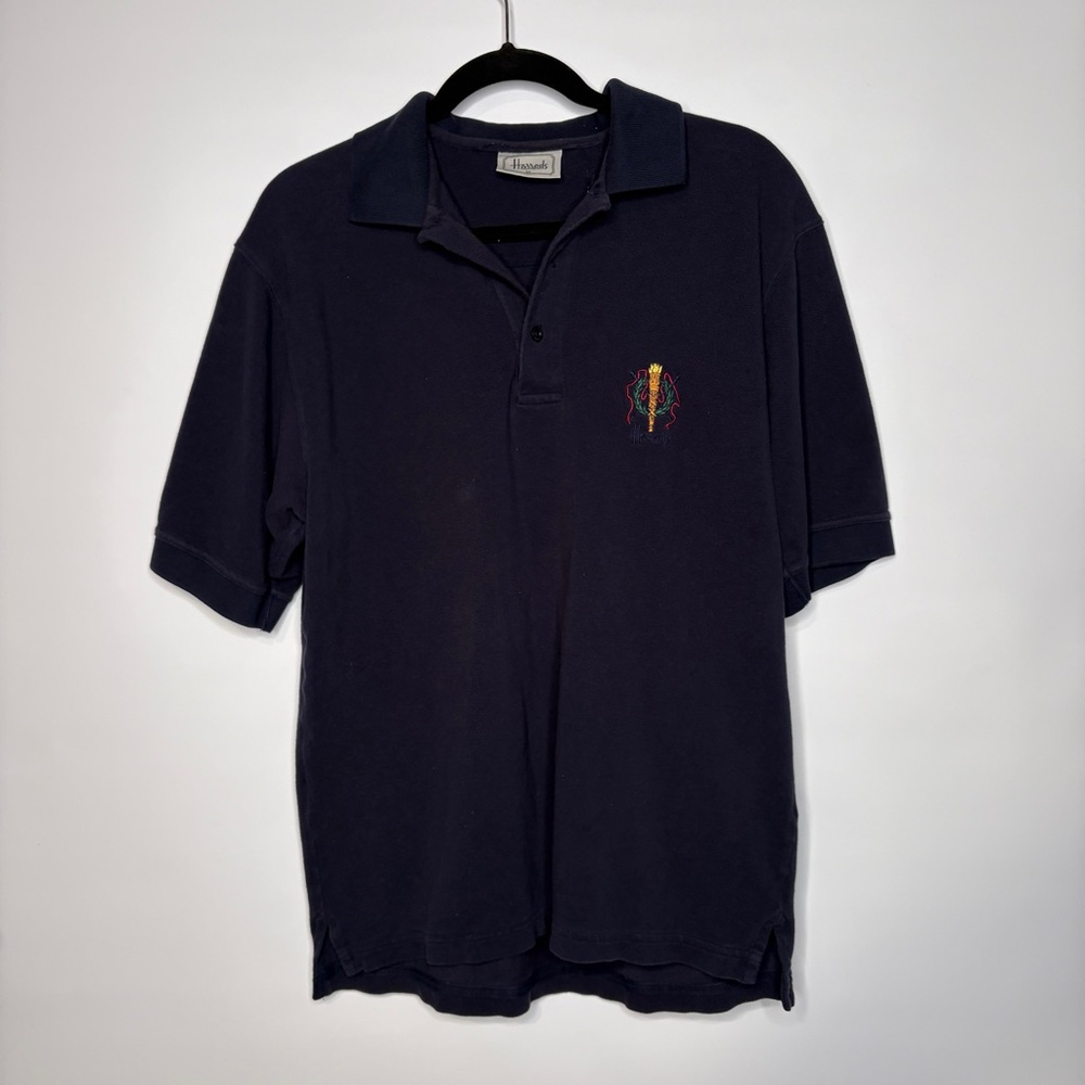 Vintage Harrod's Great Britain Navy Blue Pique Cotton Polo Shirt Size Medium